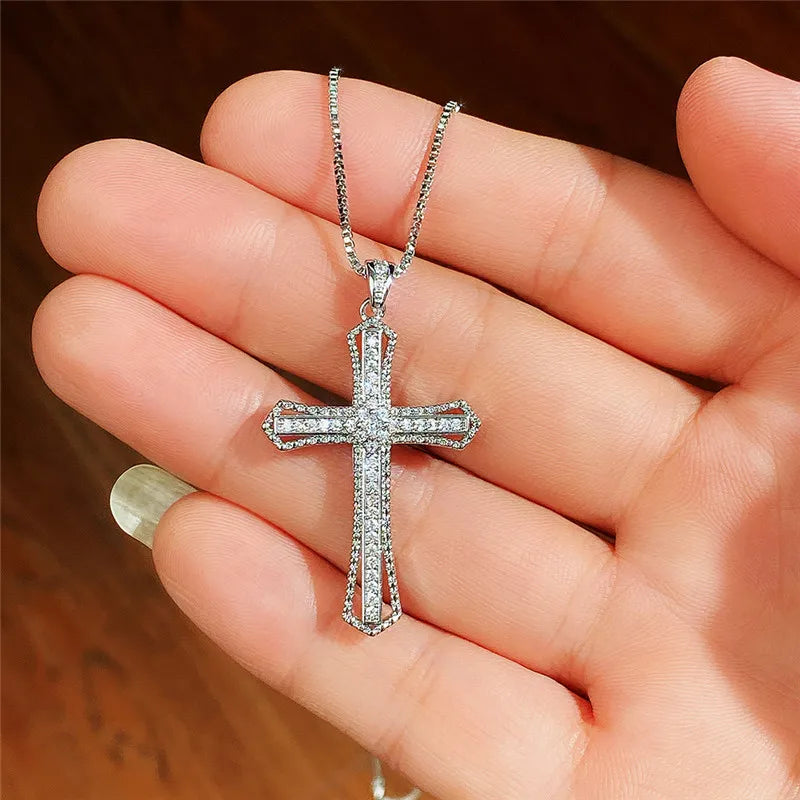 Huitan Luxury Full Cubic Zirconia Cross Pendant Necklace for Women Fashion Versatile Necklace Jewelry Party Daily Accessories