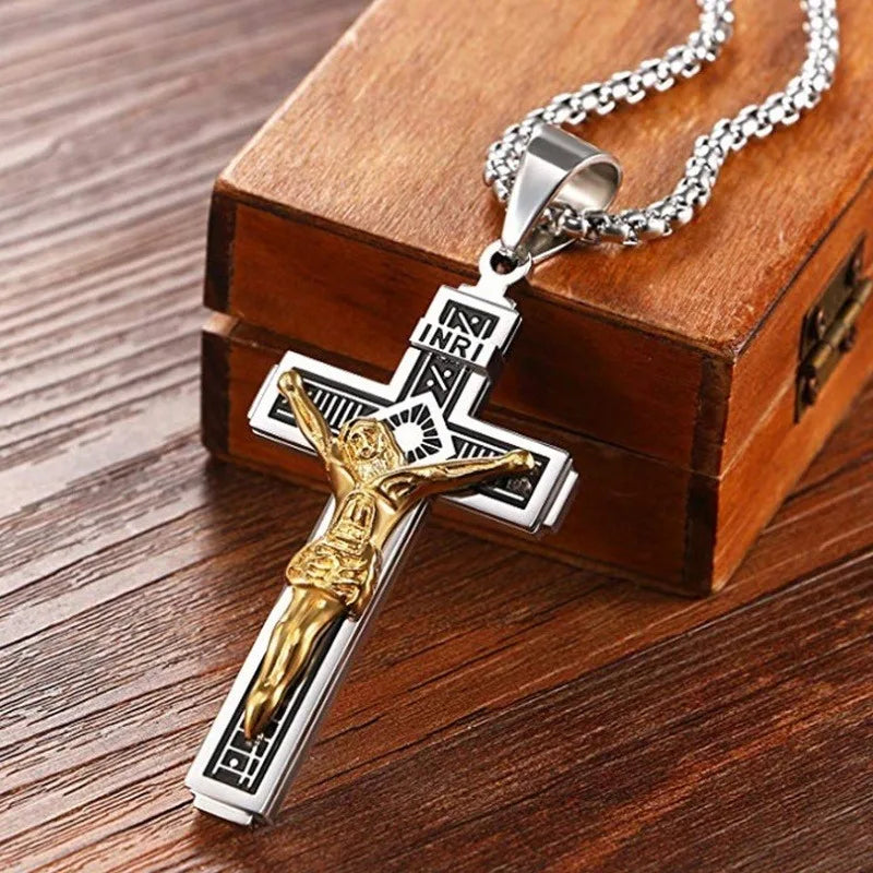 Vintage Jesus Cross Pendant Men and Women Amulet Necklace Catholic Christian Religious Prayer Jewelry Gift