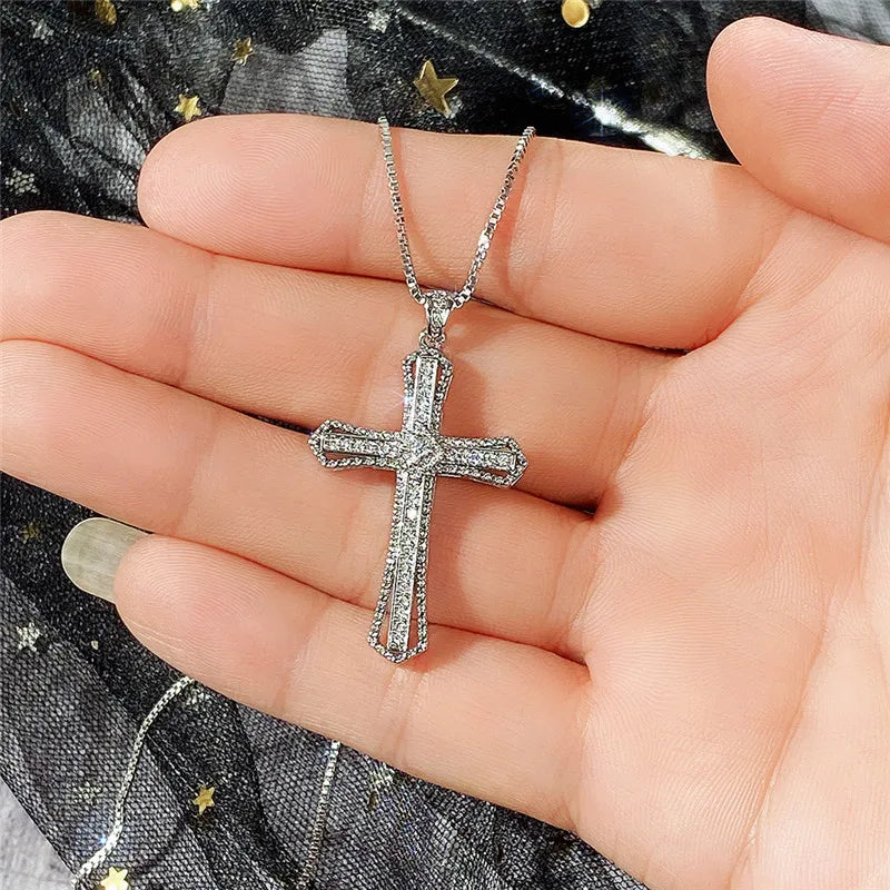 Huitan Luxury Full Cubic Zirconia Cross Pendant Necklace for Women Fashion Versatile Necklace Jewelry Party Daily Accessories