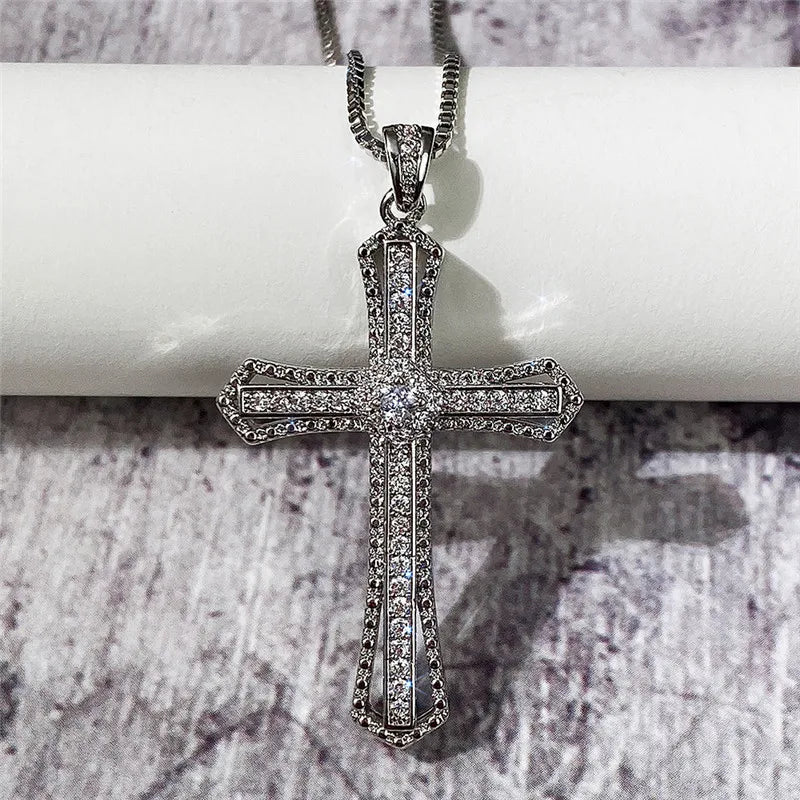 Huitan Luxury Full Cubic Zirconia Cross Pendant Necklace for Women Fashion Versatile Necklace Jewelry Party Daily Accessories