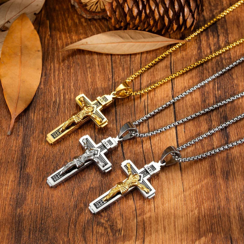 Vintage Jesus Cross Pendant Men and Women Amulet Necklace Catholic Christian Religious Prayer Jewelry Gift