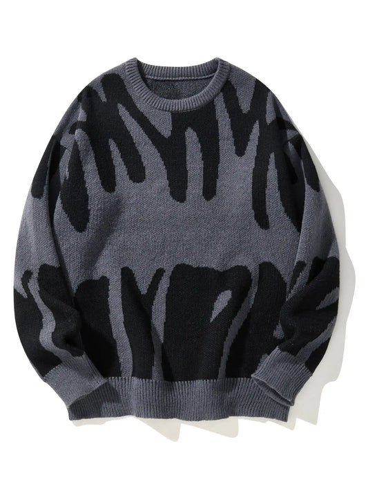 Autumn Winter Irregular Jacquard Pattern Pullover Sweater Casual Round Neck Contrast Color Knitted Pullover
