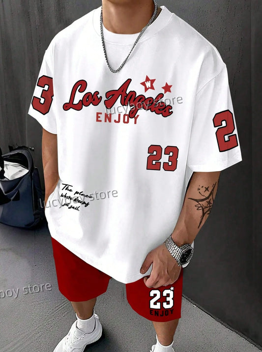 LOSANGLES NO.23 Print Men'S Summer Casual Short Sleeve T-Shirt Shorts Set Adult Basketball JoggingOversized 2 Piece Set Clothes