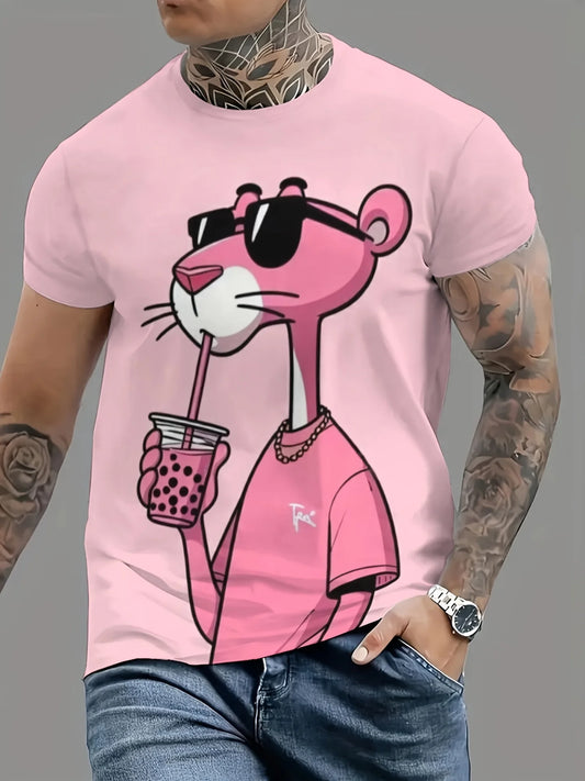 Summer New Mens T-shirts Cartoon Pink Panther Print Short Sleeve O-neck Tees Casual Loose Daily Sports Oversized Unisex Tops