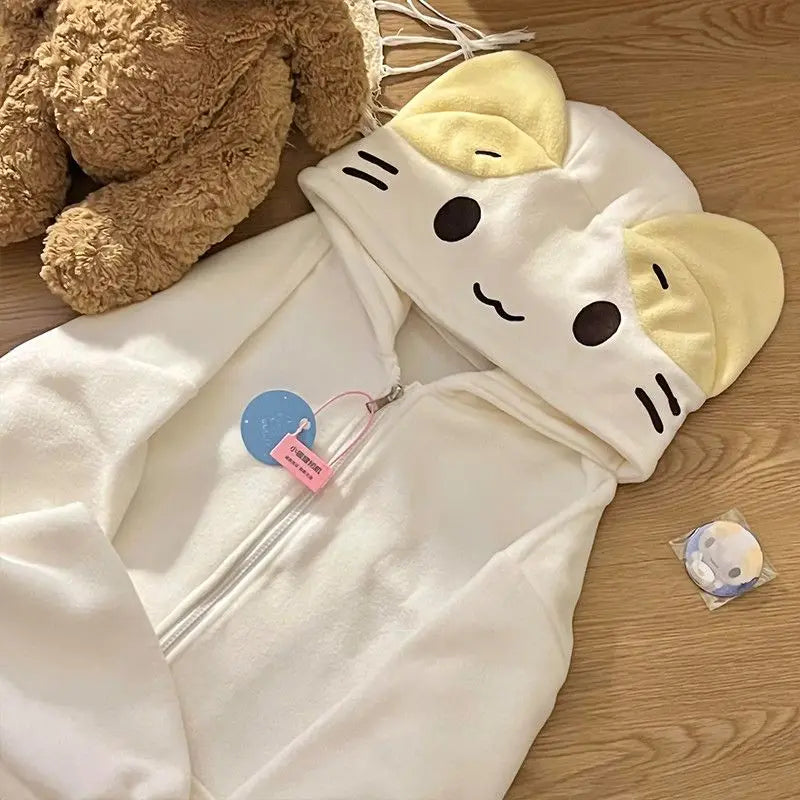 Oversize Deeptown Kawaii Lolita Style Women Fleece Hoodies Cutecore Japanese Soft Girl Zipper Sweatshirt Casual Cartoon Cardigan