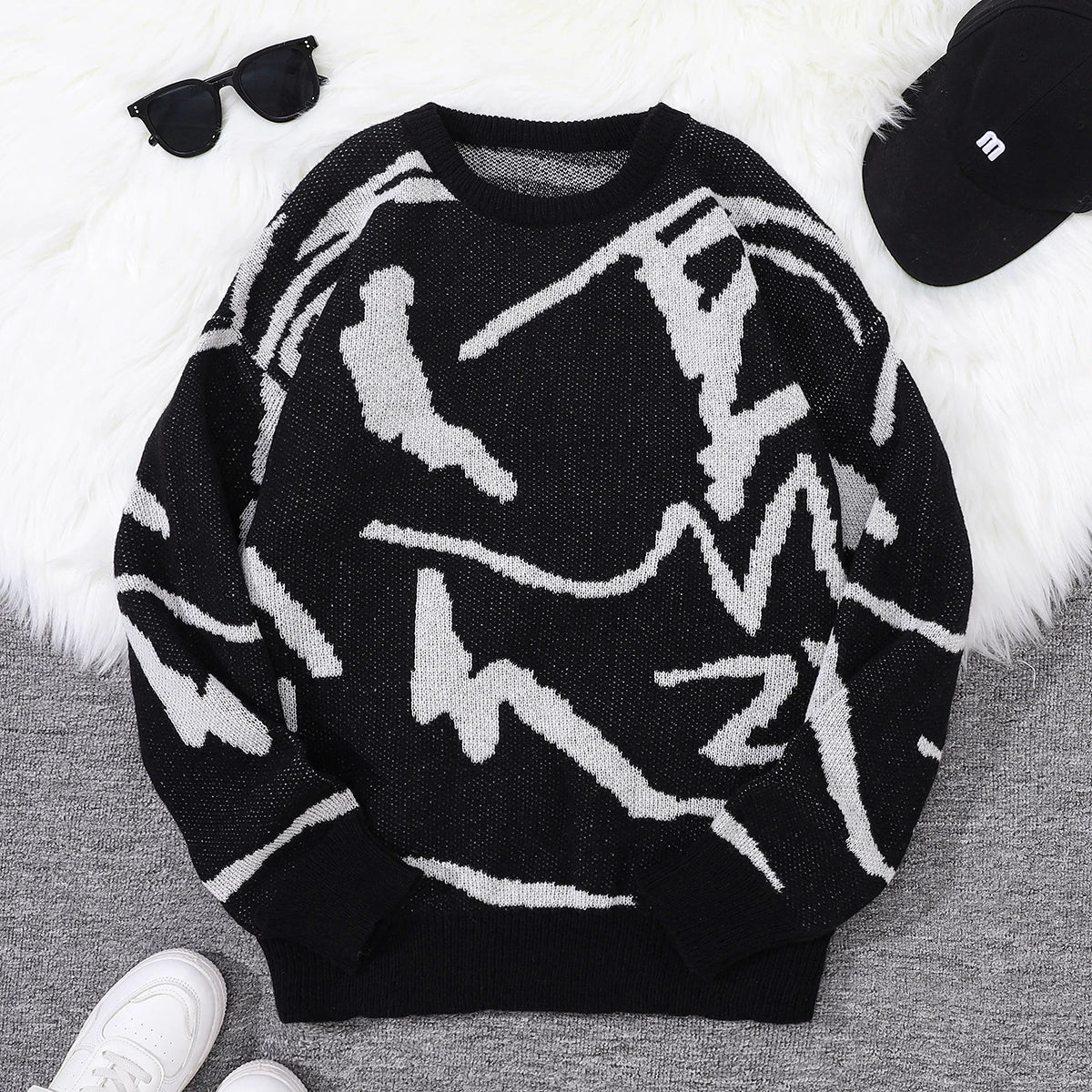 Spring Autumn Graffiti Jacquard Pattern Pullover Sweater Casual Round Neck Contrast Color Knitted Pullover