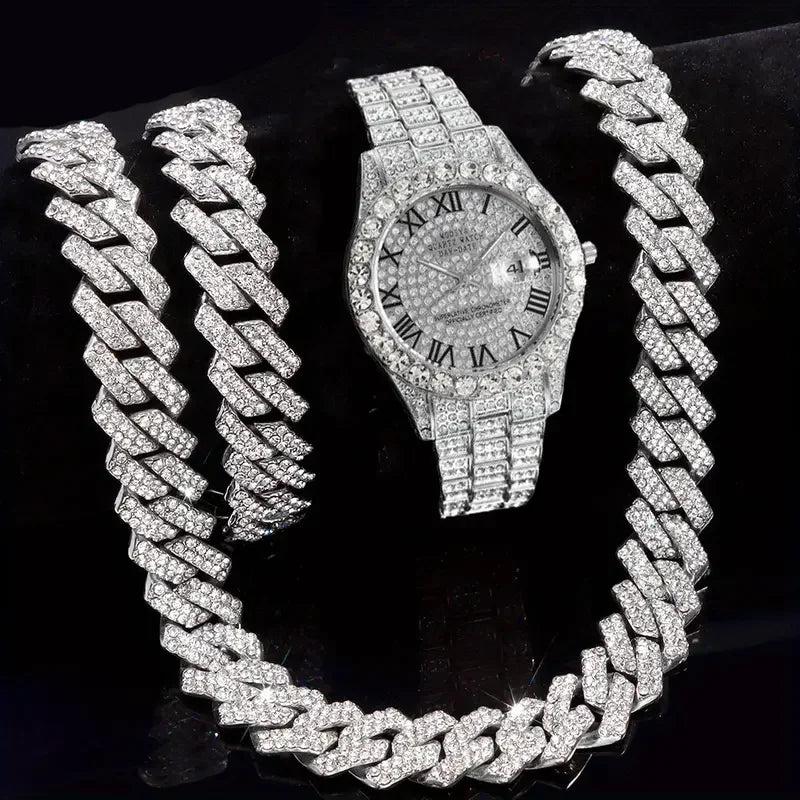 3pcs Necklace+Bracelet+Watch Cuban Chain Watch for Men Hip Hop Miami Curb Iced Out Paved Rhinestone Rapper Cuban men Jewelry set