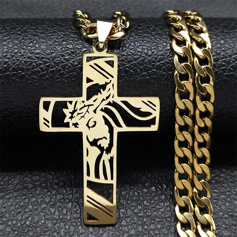 Hip Hop Punk Crown of Thorns Jesus Cross Necklace for Men Stainless Steel Gold Plated Crucifix Pendant Necklaces Jewelry N8052