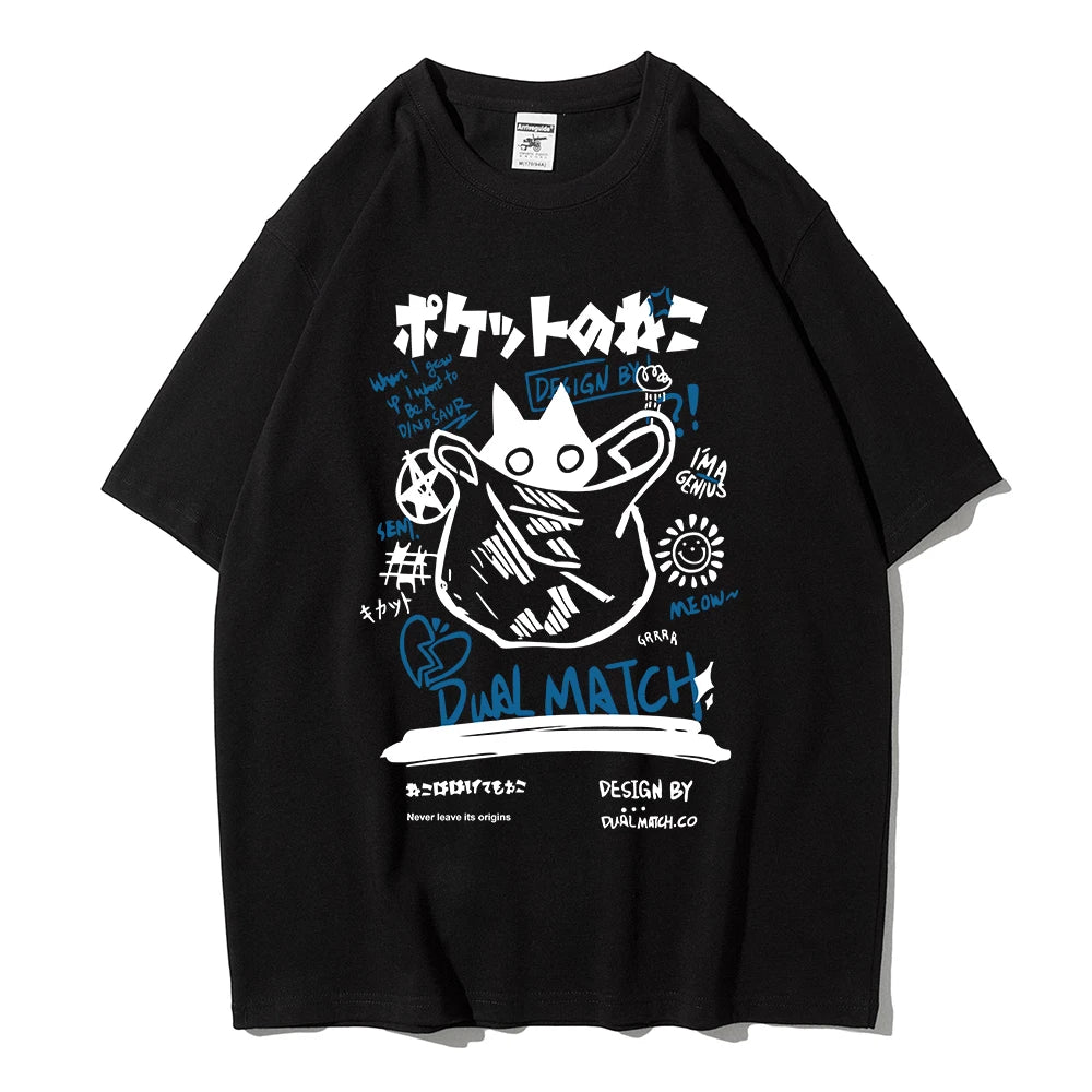 Men Women Cartoon T-Shirts Summer Harajuku Kawaii Cat Printed Short Sleeve Tees Couple Streetwear Loose Clothes Y2K Tops