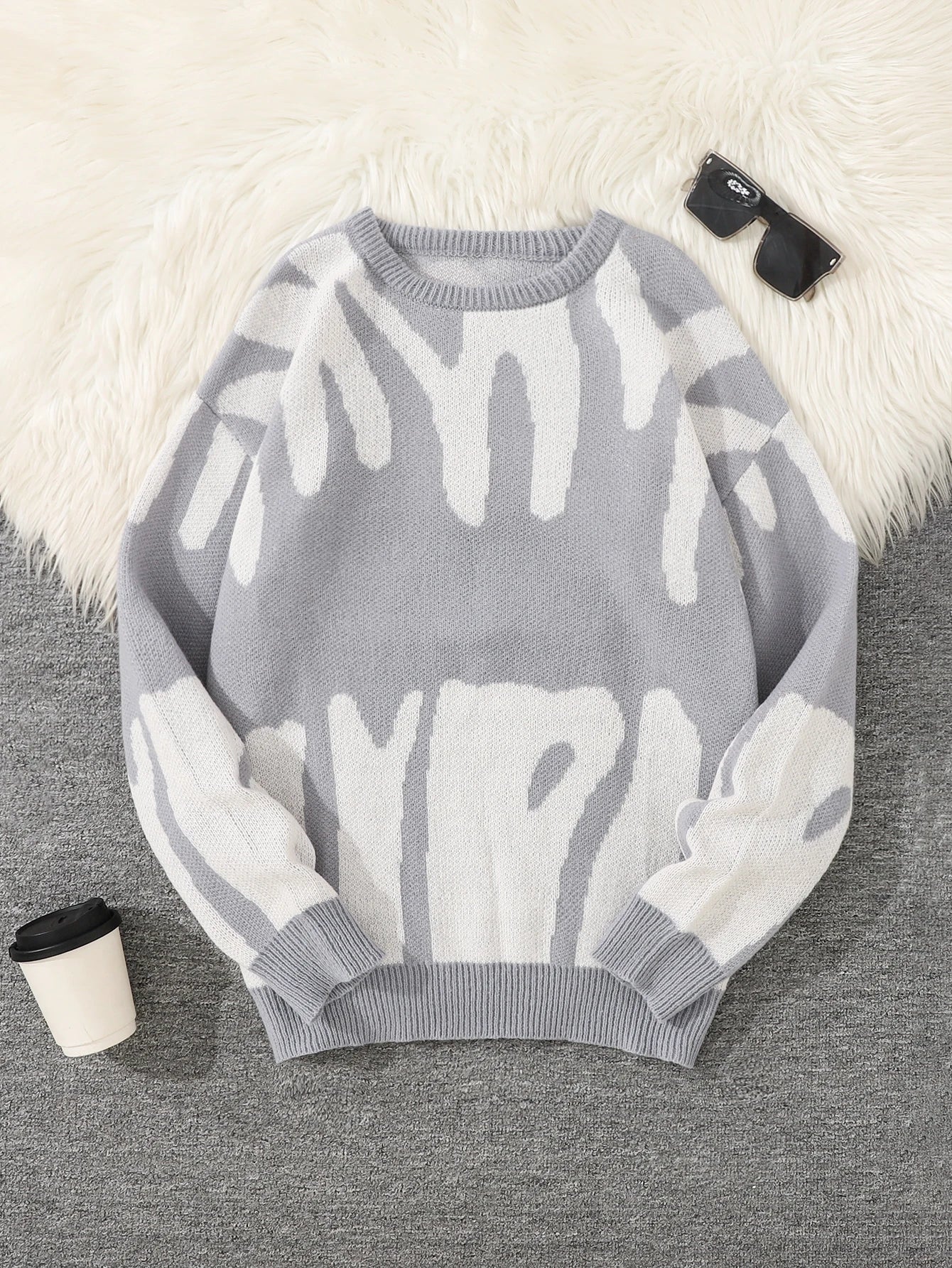 Autumn Winter Irregular Jacquard Pattern Pullover Sweater Casual Round Neck Contrast Color Knitted Pullover