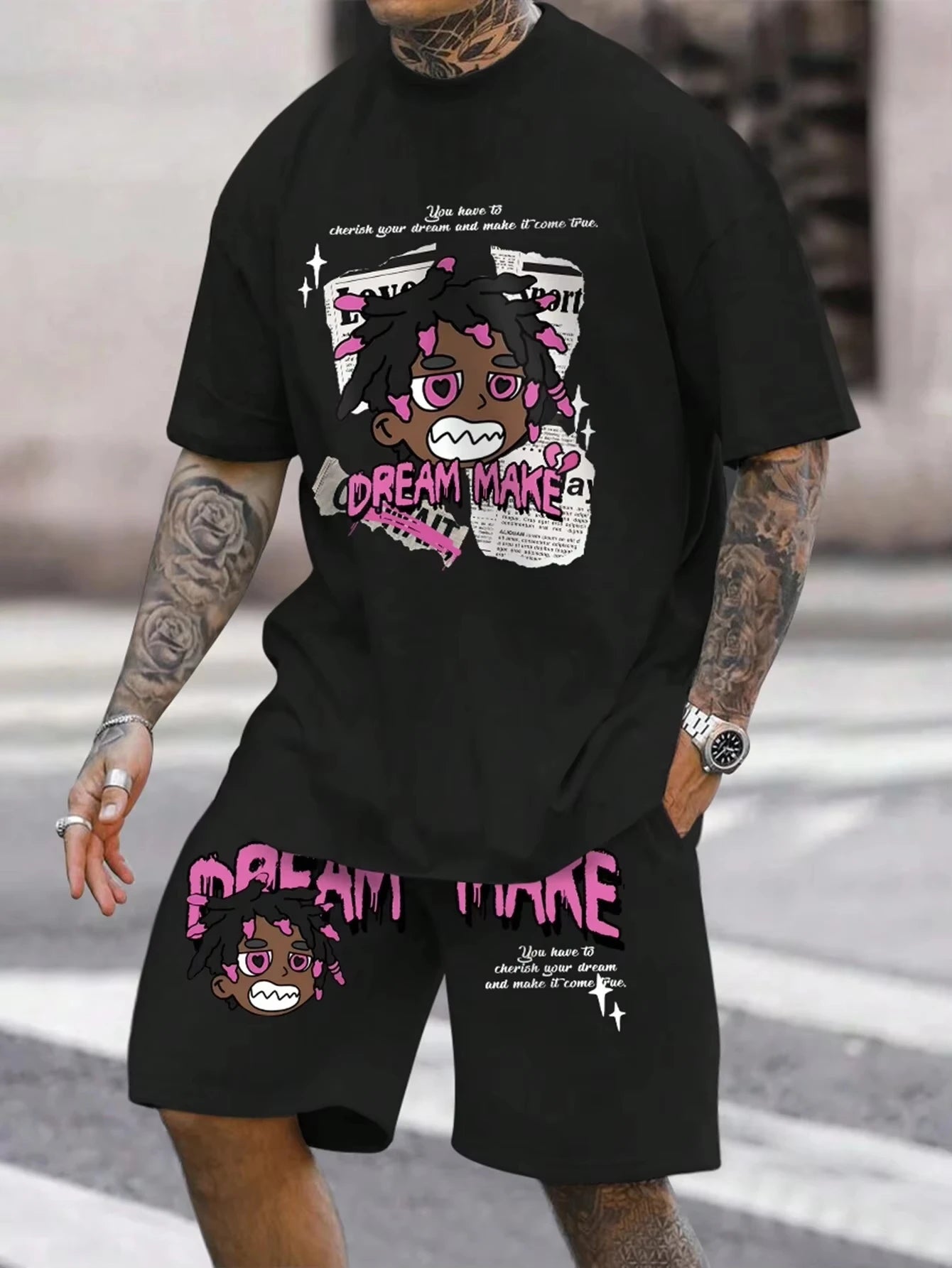 Men's round neck casual summer T-shirt, printed with cartoon characters and letter patterns, lightweight and breathable short sl