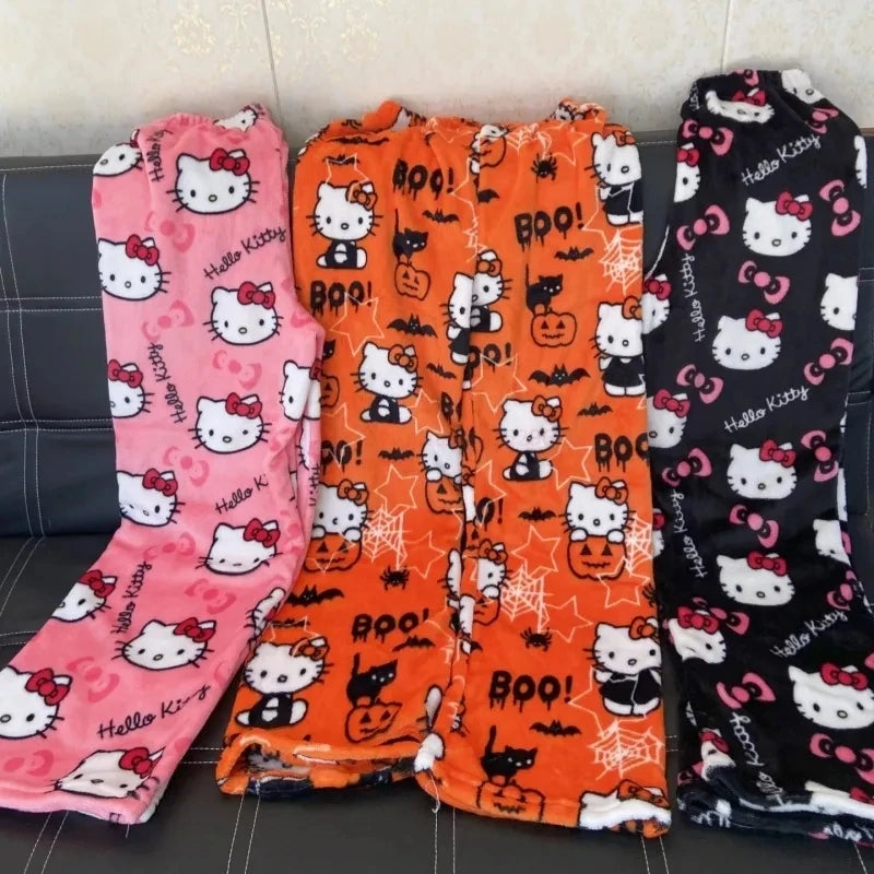 Sanrio Hello Kitty Pajamas Halloween Flannel Fashion Trouserswomen Kawaii Woolen Casual Home Pants Autumn
