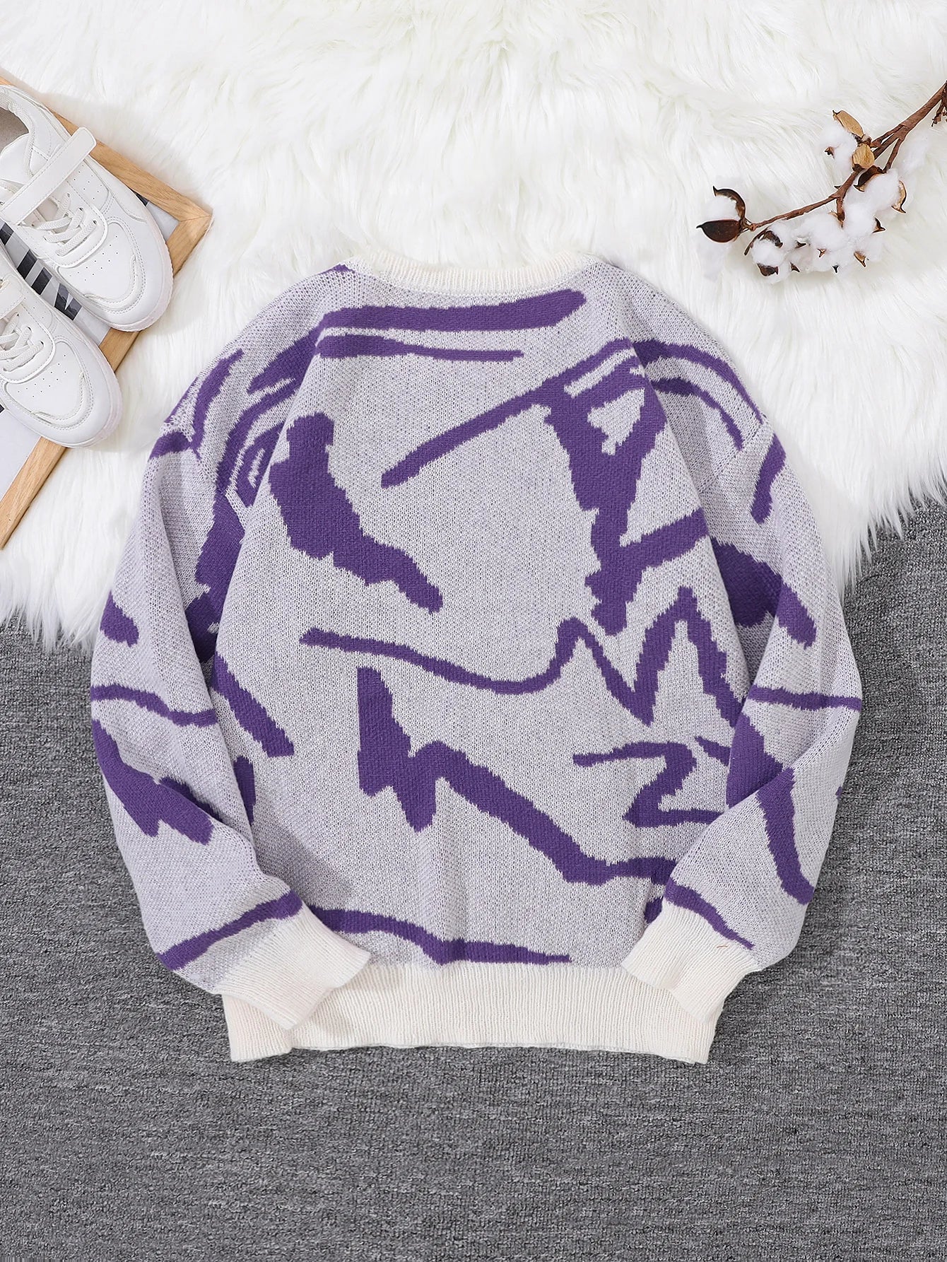 Spring Autumn Graffiti Jacquard Pattern Pullover Sweater Casual Round Neck Contrast Color Knitted Pullover