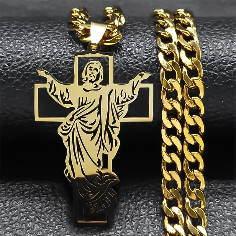 Hip Hop Punk Crown of Thorns Jesus Cross Necklace for Men Stainless Steel Gold Plated Crucifix Pendant Necklaces Jewelry N8052