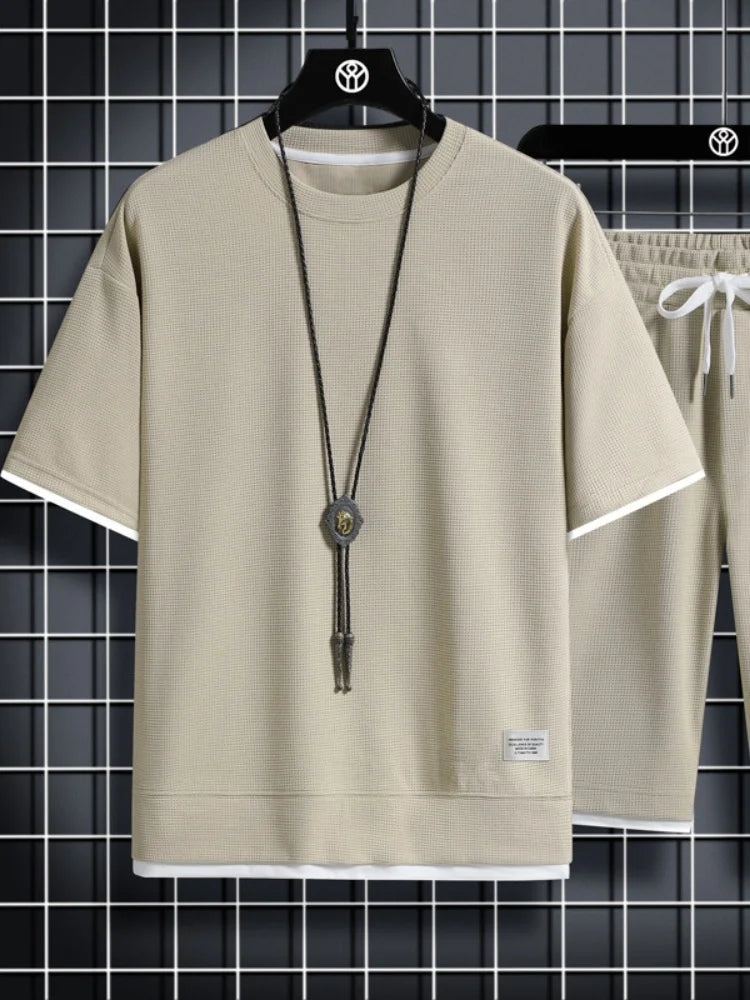 Summer Men's Waffle Sets Casual T-Shirt And Shorts Set Male Sports Suit Solid Color Tracksuit Loose Suits