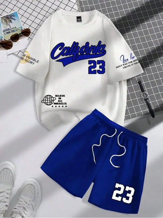 summer new trend men's suit round neck short sleeve set fashion personalized alphanumeric print round neck T-shirt and shor