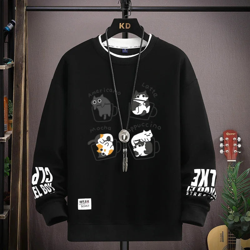 Spring Men's Sweatshirt Japan Cartoon Cats Printed Long Sleeve T-shirt Fashion Men's Clothing Khaki O Neck Harajuku Top