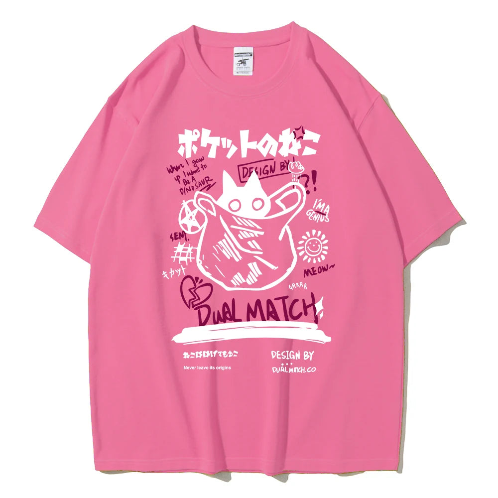 Men Women Cartoon T-Shirts Summer Harajuku Kawaii Cat Printed Short Sleeve Tees Couple Streetwear Loose Clothes Y2K Tops