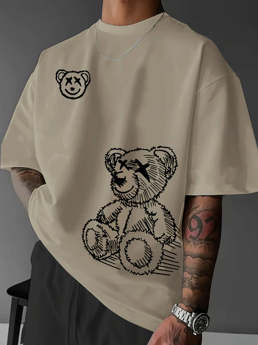 men's 100% pure cotton casual sports loose and fashionable cartoon bear pattern short sleeved T-shirt