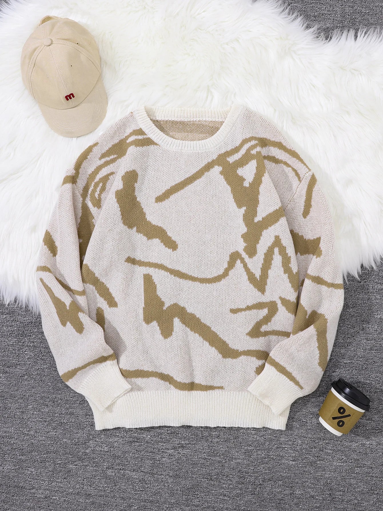 Spring Autumn Graffiti Jacquard Pattern Pullover Sweater Casual Round Neck Contrast Color Knitted Pullover