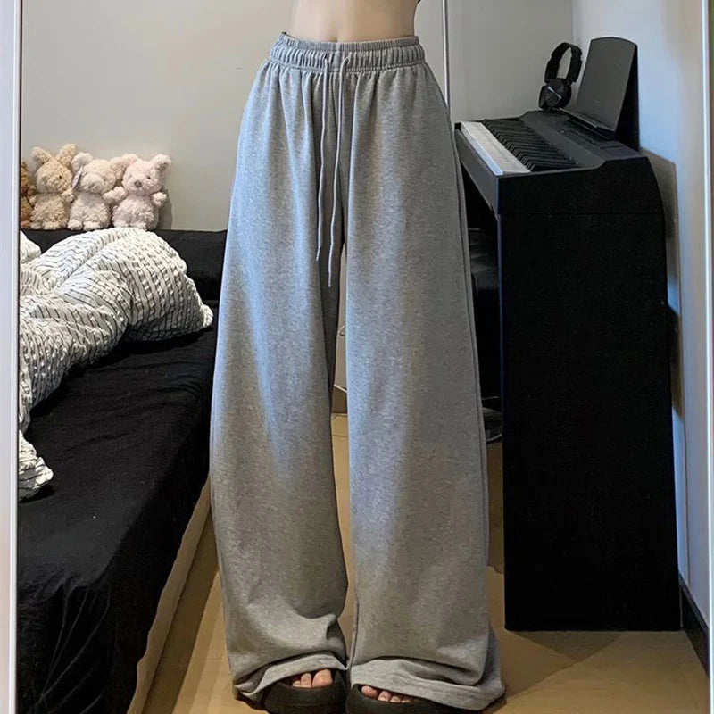 Harajuku Wide Leg Sweatpants for Women Elastic Waist Casual Sport Pants Woman Streetwear Gray Oversize Sportswear Female