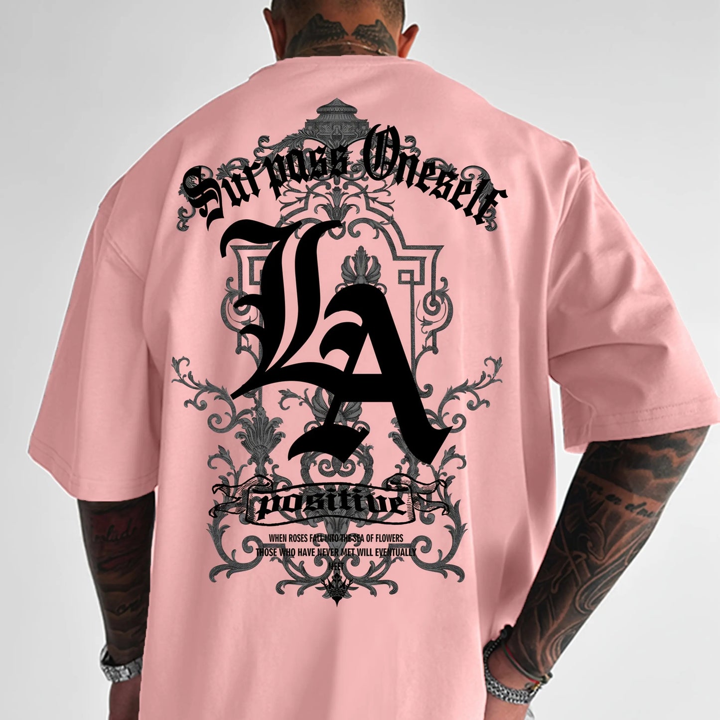 Men's summer 100 pure cotton fashionable casual sports loose back large LA letter printed round neck short sleeved T-shirt top