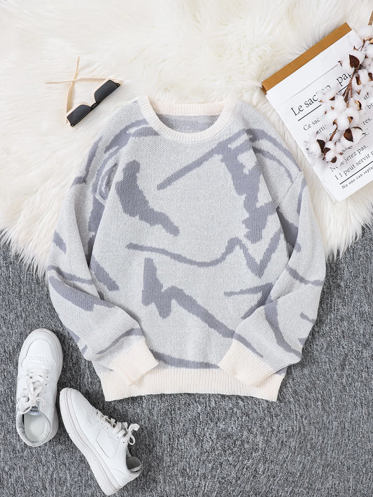 Spring Autumn Graffiti Jacquard Pattern Pullover Sweater Casual Round Neck Contrast Color Knitted Pullover