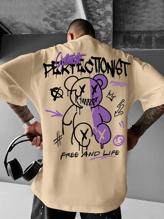 Men's summer 100 cotton fashionable casual sports loose American street letter printed round neck short sleeved T-shirt top