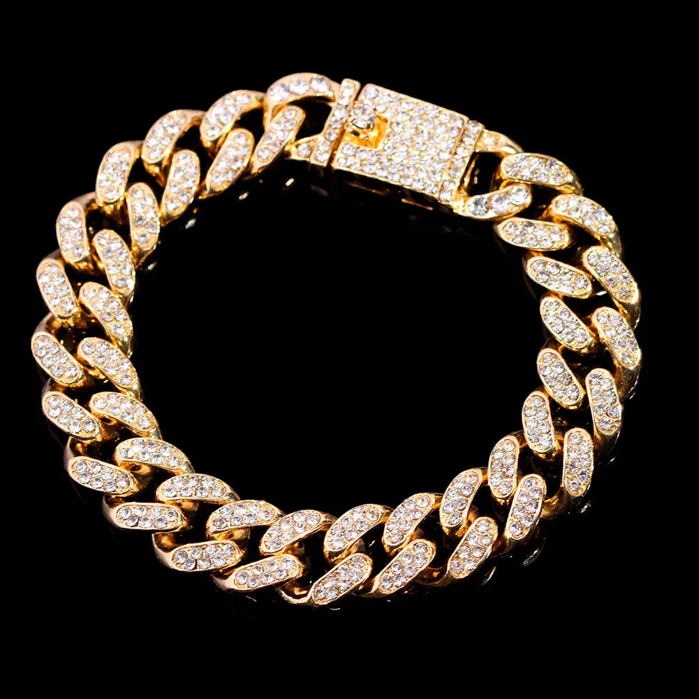 7/8/9inch 14MM Cuban Link Chain Bracelets Women Men Rhinestone Paved Prong Cuban Chain Bracelet Wristband Hip Hop Jewelry