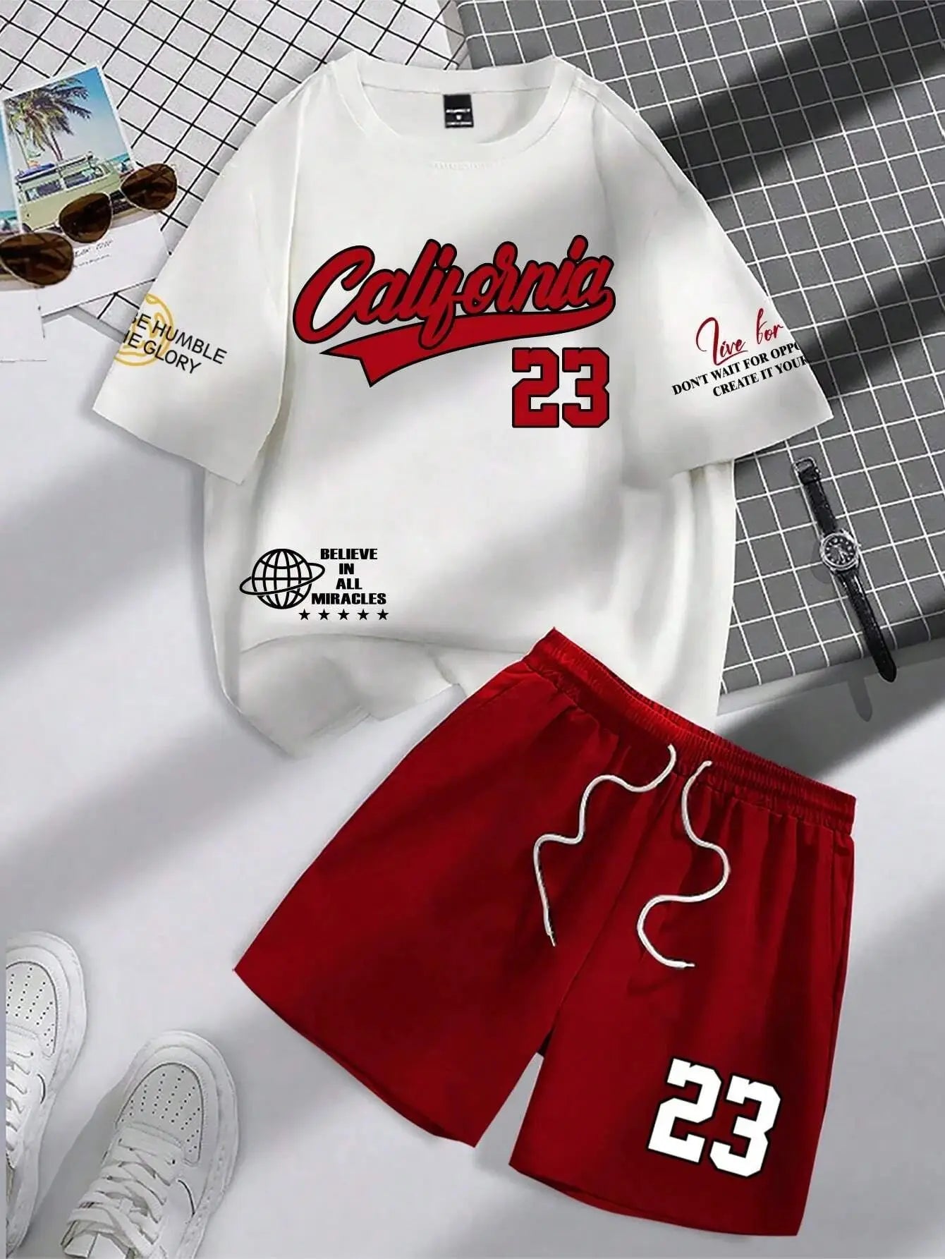 summer new trend men's suit round neck short sleeve set fashion personalized alphanumeric print round neck T-shirt and shor