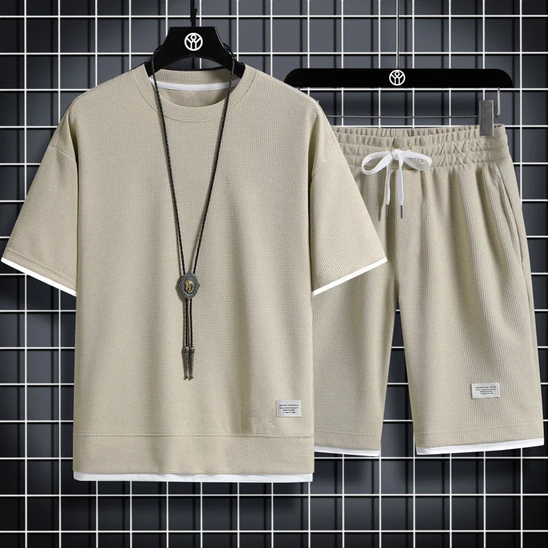 Summer Men's Waffle Sets Casual T-Shirt And Shorts Set Male Sports Suit Solid Color Tracksuit Loose Suits