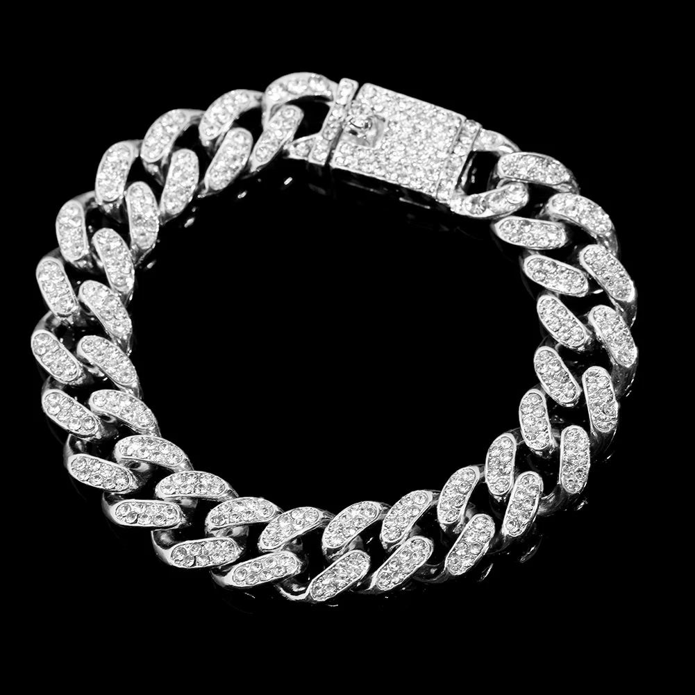7/8/9inch 14MM Cuban Link Chain Bracelets Women Men Rhinestone Paved Prong Cuban Chain Bracelet Wristband Hip Hop Jewelry