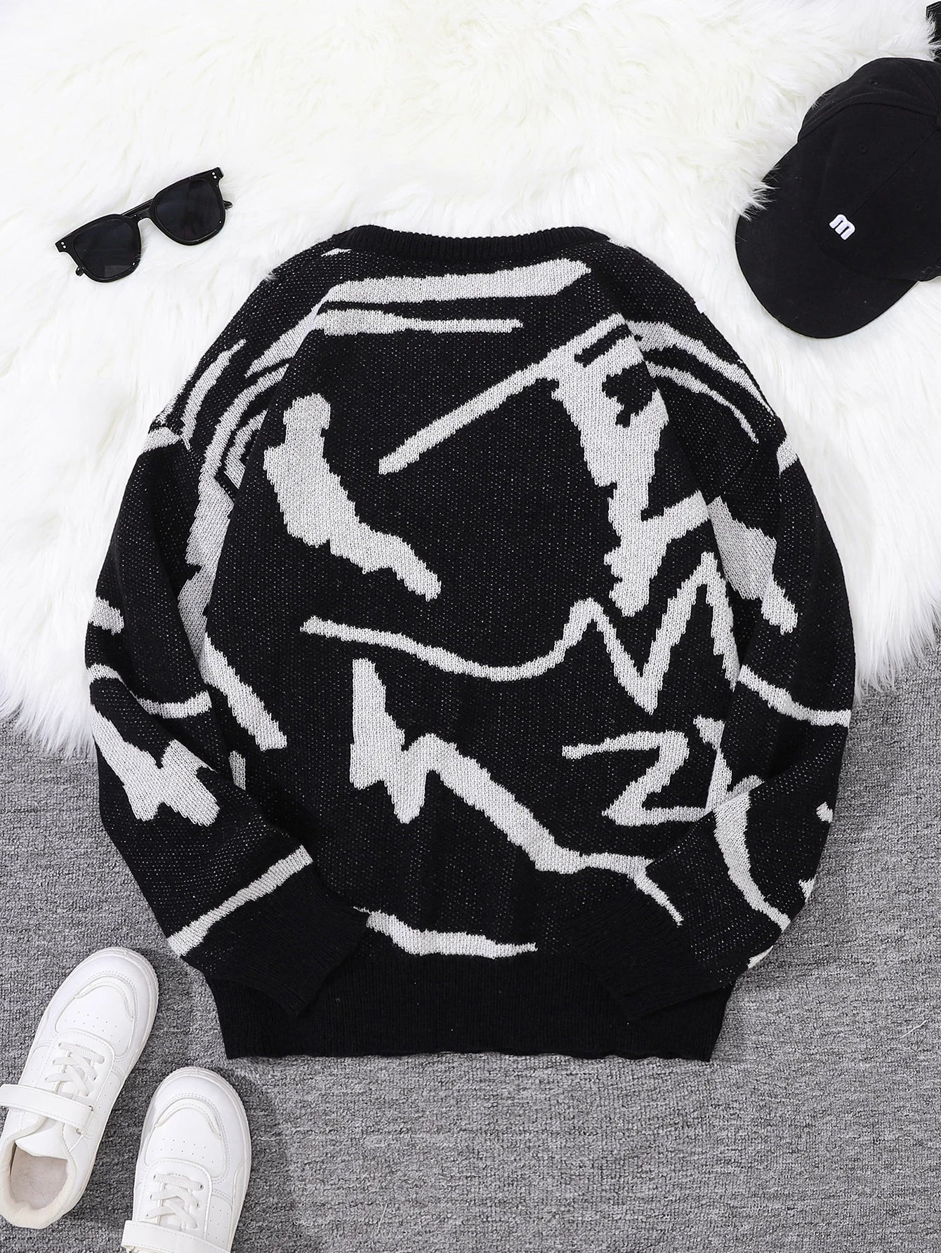 Spring Autumn Graffiti Jacquard Pattern Pullover Sweater Casual Round Neck Contrast Color Knitted Pullover