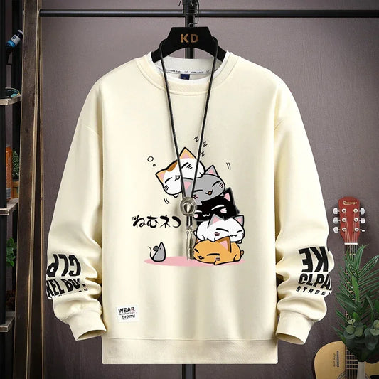 Spring Men's Sweatshirt Japan Cartoon Cats Printed Long Sleeve T-shirt Fashion Men's Clothing Khaki O Neck Harajuku Top