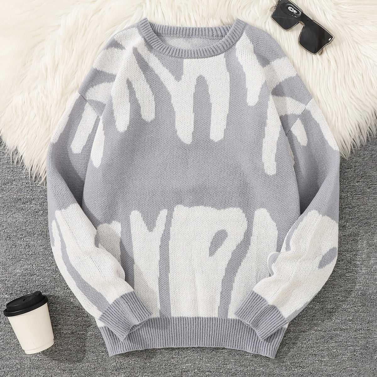 Autumn Winter Irregular Jacquard Pattern Pullover Sweater Casual Round Neck Contrast Color Knitted Pullover