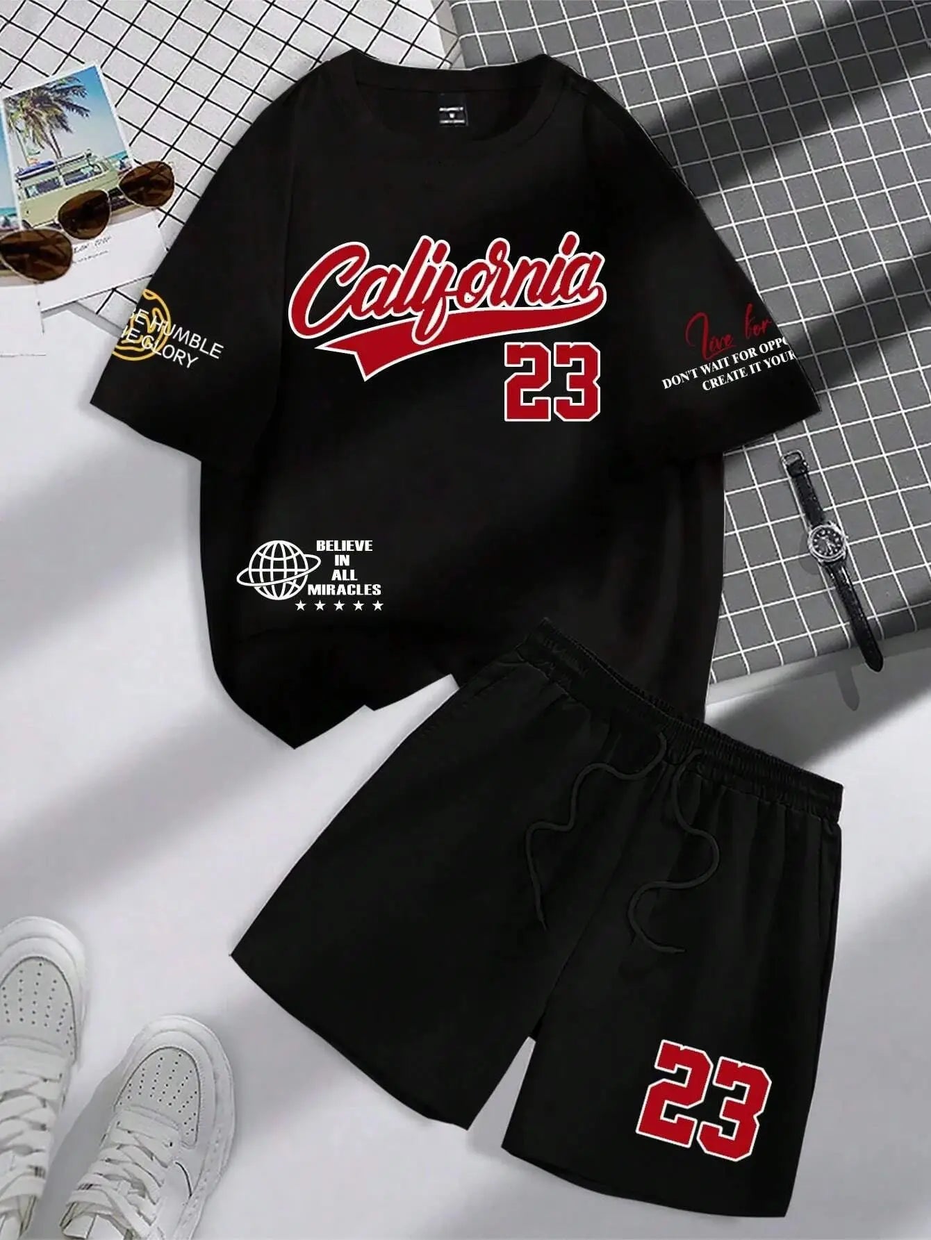 summer new trend men's suit round neck short sleeve set fashion personalized alphanumeric print round neck T-shirt and shor