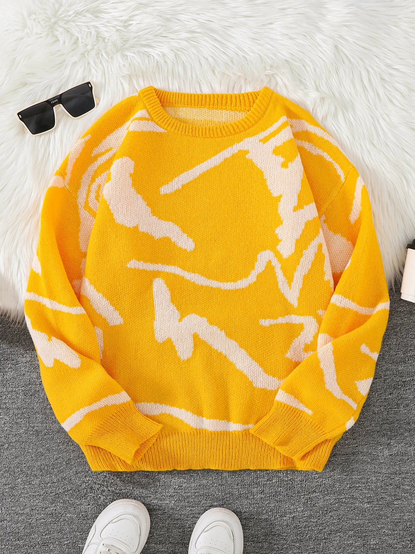 Spring Autumn Graffiti Jacquard Pattern Pullover Sweater Casual Round Neck Contrast Color Knitted Pullover