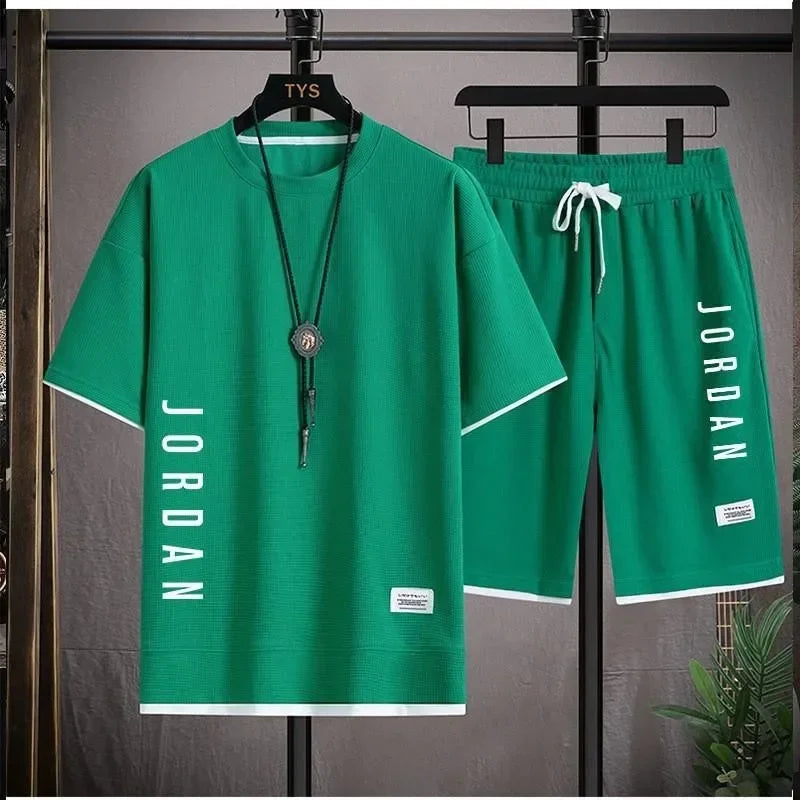 Men's Summer Waffle Set Brand Fashion Casual T-shirt+Shorts Set Men's Sports Set Loose ComfortableSlow RunningQuick Dr
