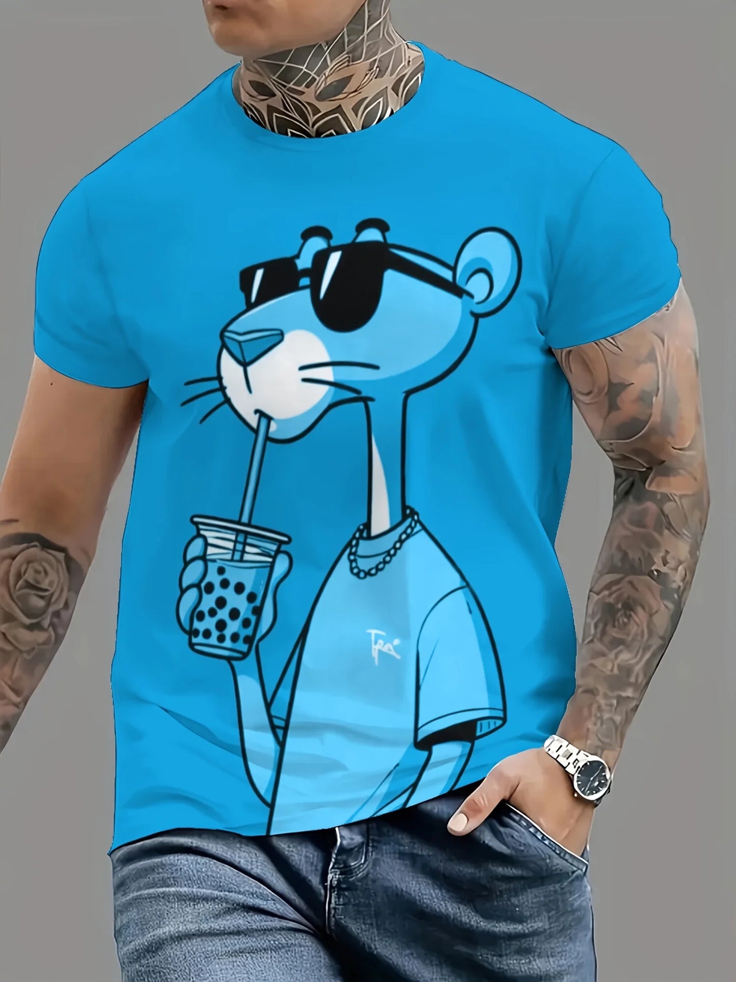 Summer New Mens T-shirts Cartoon Pink Panther Print Short Sleeve O-neck Tees Casual Loose Daily Sports Oversized Unisex Tops