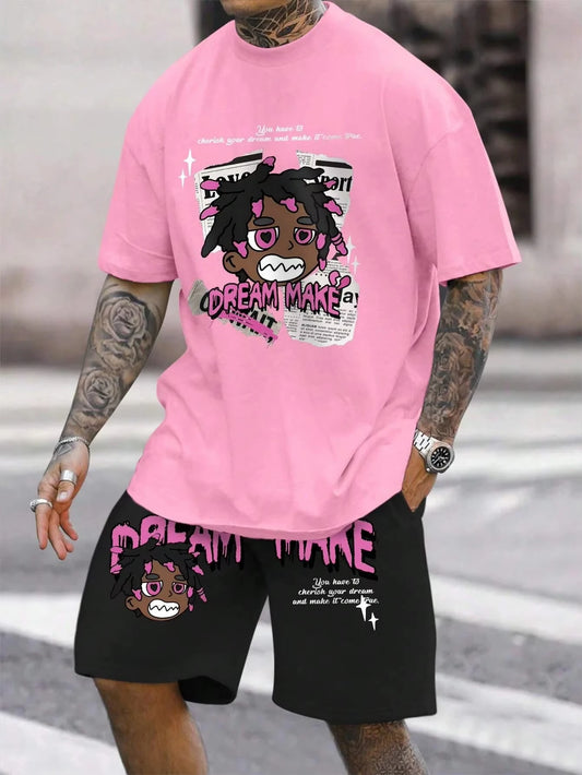 Men's round neck casual summer T-shirt, printed with cartoon characters and letter patterns, lightweight and breathable short sl