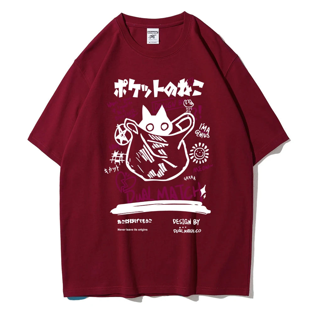Men Women Cartoon T-Shirts Summer Harajuku Kawaii Cat Printed Short Sleeve Tees Couple Streetwear Loose Clothes Y2K Tops