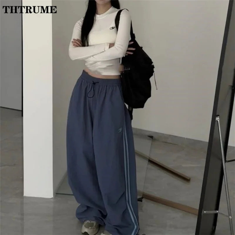 Oversized Hip Hop Baggy Pants Fashion Women Striped Pocket Elastic High Waist Cargo Pant Streetwear Sweatpant Loose New Trousers