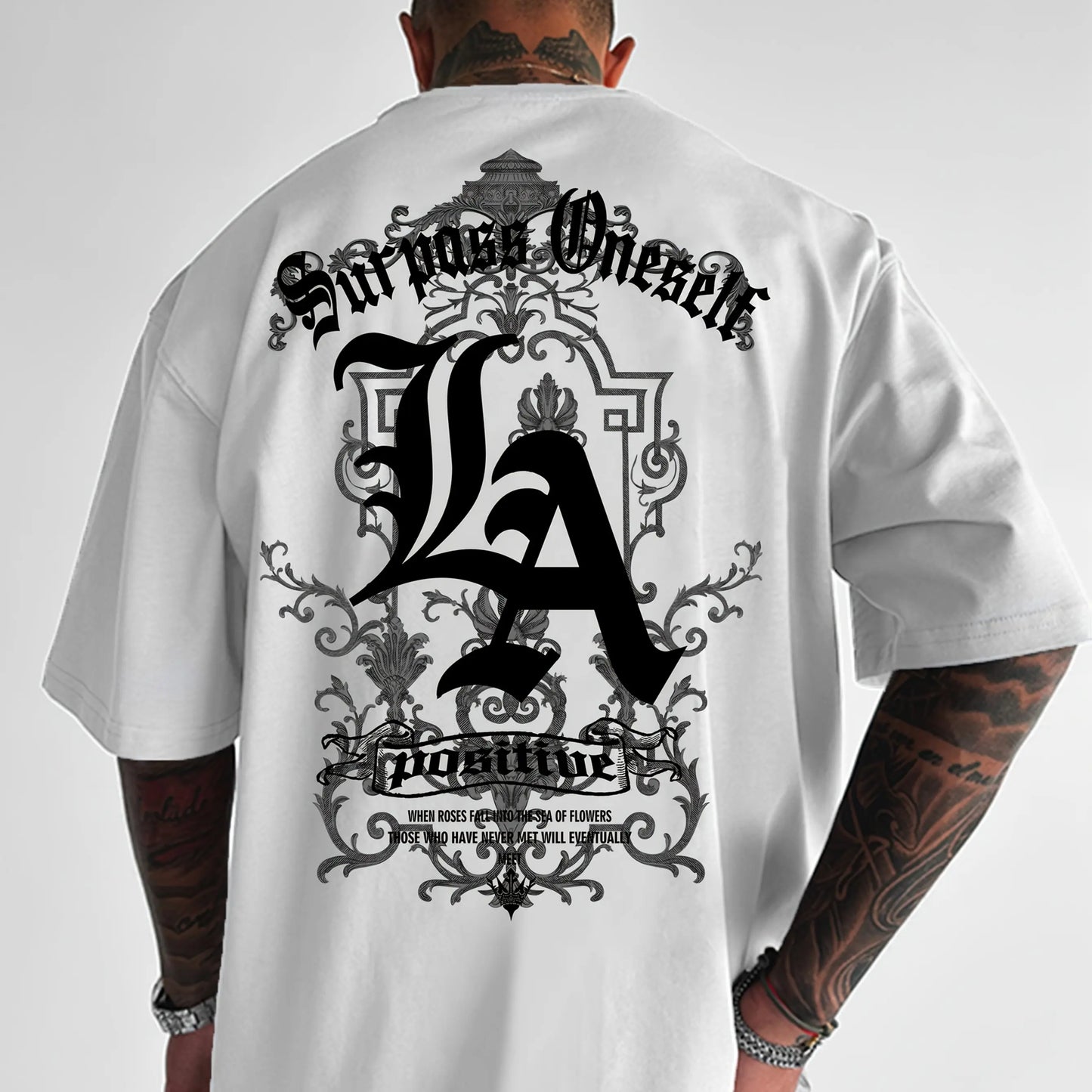 Men's summer 100 pure cotton fashionable casual sports loose back large LA letter printed round neck short sleeved T-shirt top