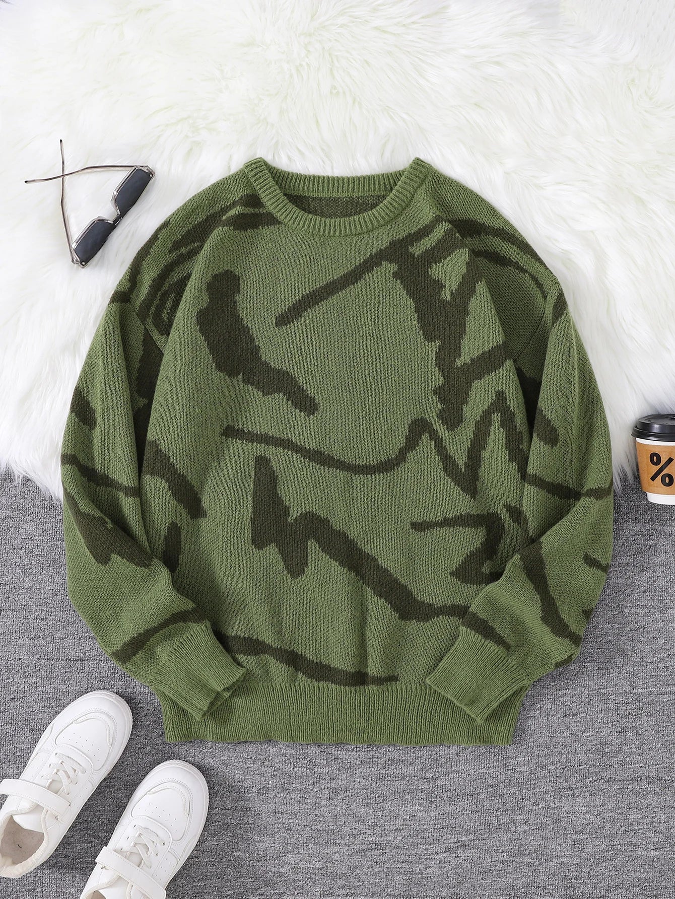 Spring Autumn Graffiti Jacquard Pattern Pullover Sweater Casual Round Neck Contrast Color Knitted Pullover