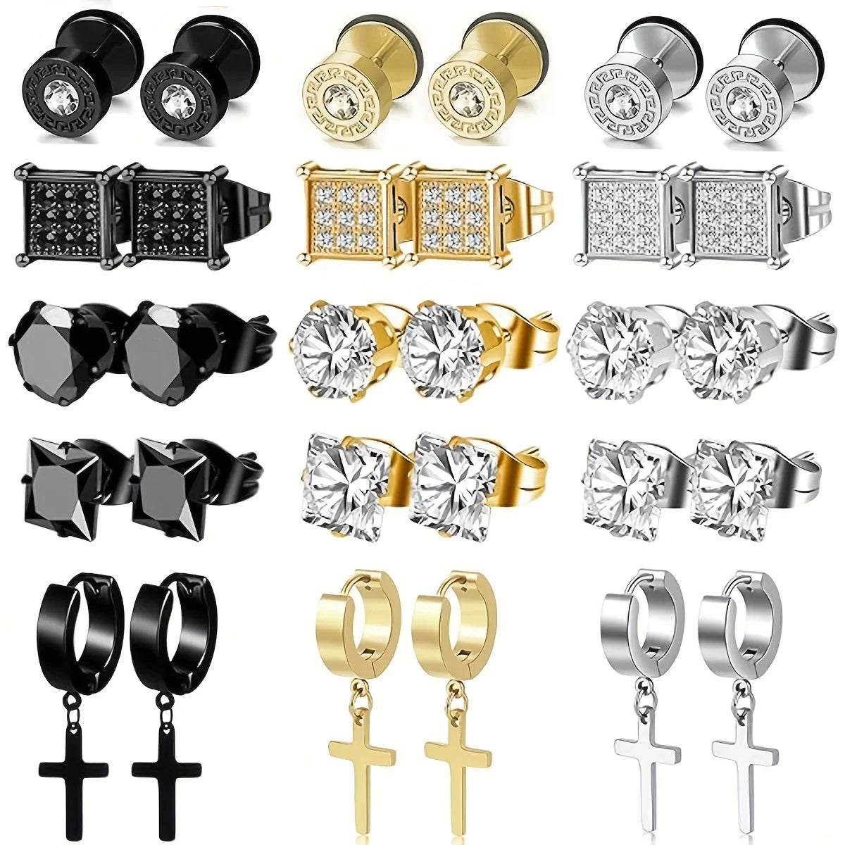 5 Pairs Stainless Steel Earrings Cross Dangle Hinged Earrings, Cubic Zirconia Stud Earrings For Men, Ear Piercing Jewelry
