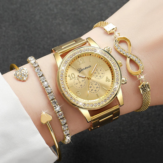 4PCS/Set Fashion Rhinestone Women Watches Luxury Steel Band Ladies Quartz Watch Bracelets Set Reloj Mujer(Without Box)