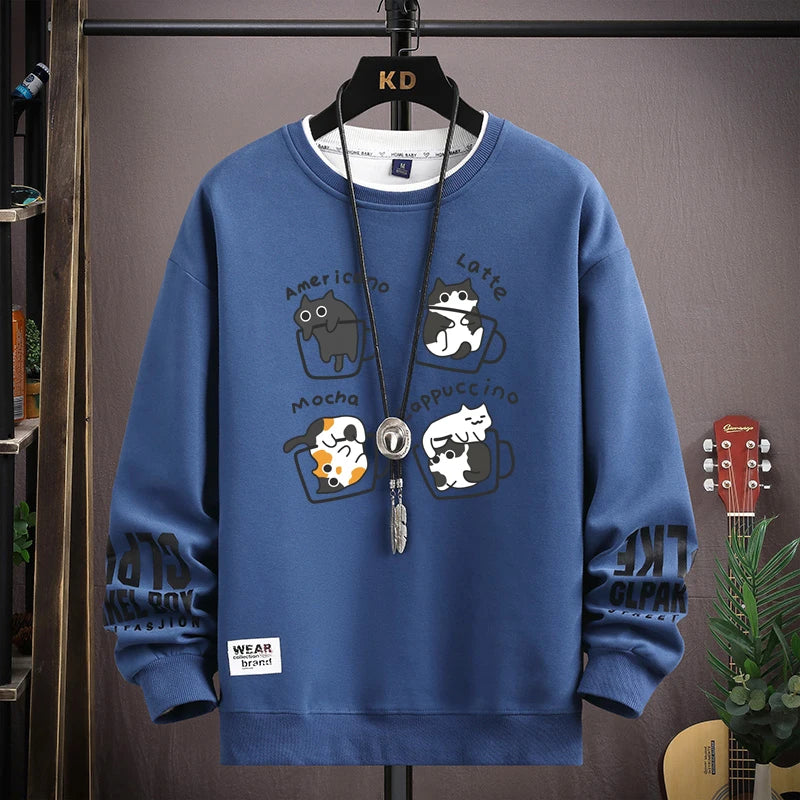 Spring Men's Sweatshirt Japan Cartoon Cats Printed Long Sleeve T-shirt Fashion Men's Clothing Khaki O Neck Harajuku Top