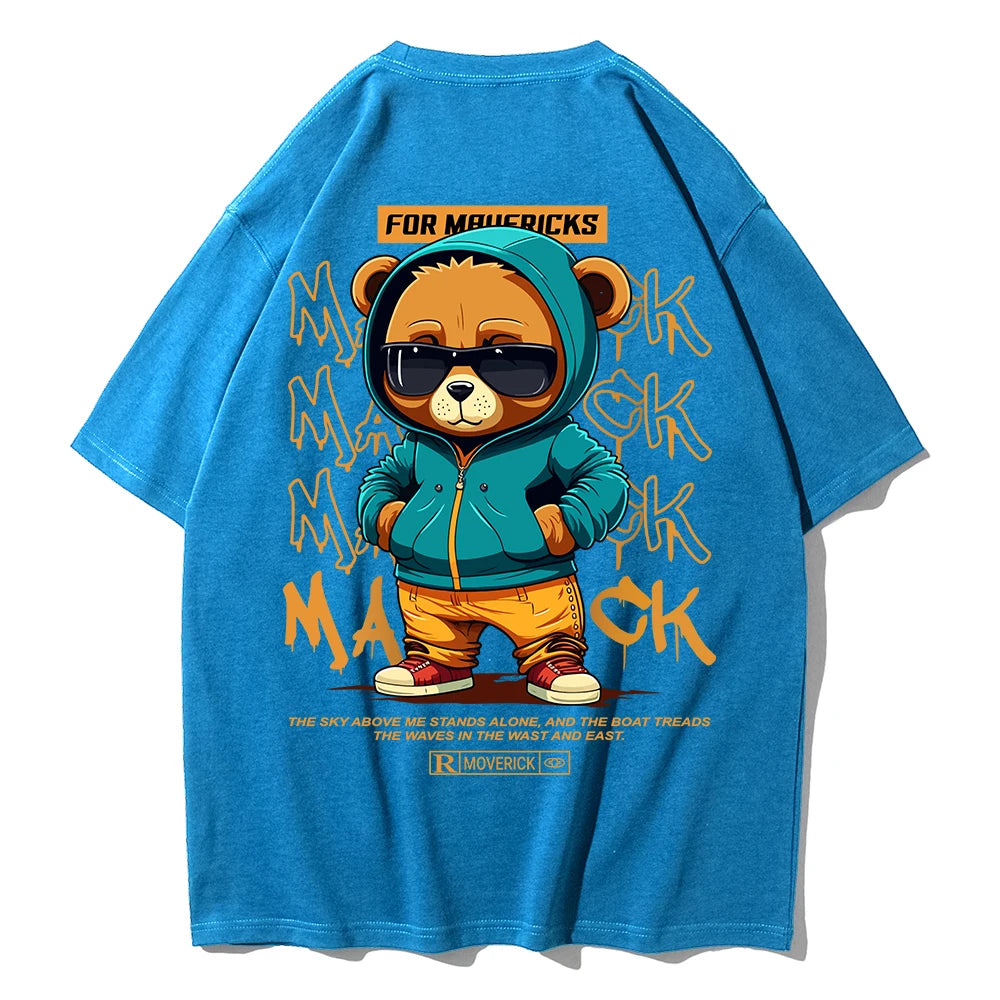 Cotton Fashion Bear Pattern Printed Men's T Shirt Round Neck Loose Tops Breathable Comfortable Casual Oversized Women Clothing
