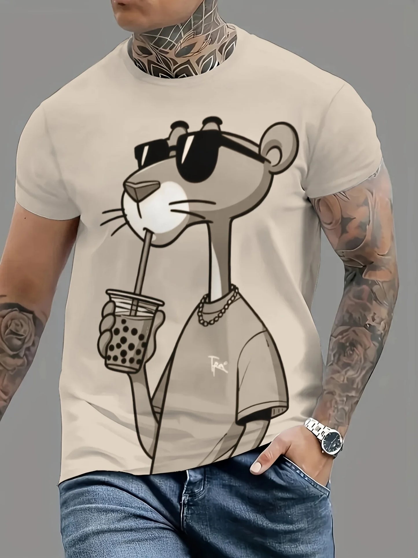 Summer New Mens T-shirts Cartoon Pink Panther Print Short Sleeve O-neck Tees Casual Loose Daily Sports Oversized Unisex Tops