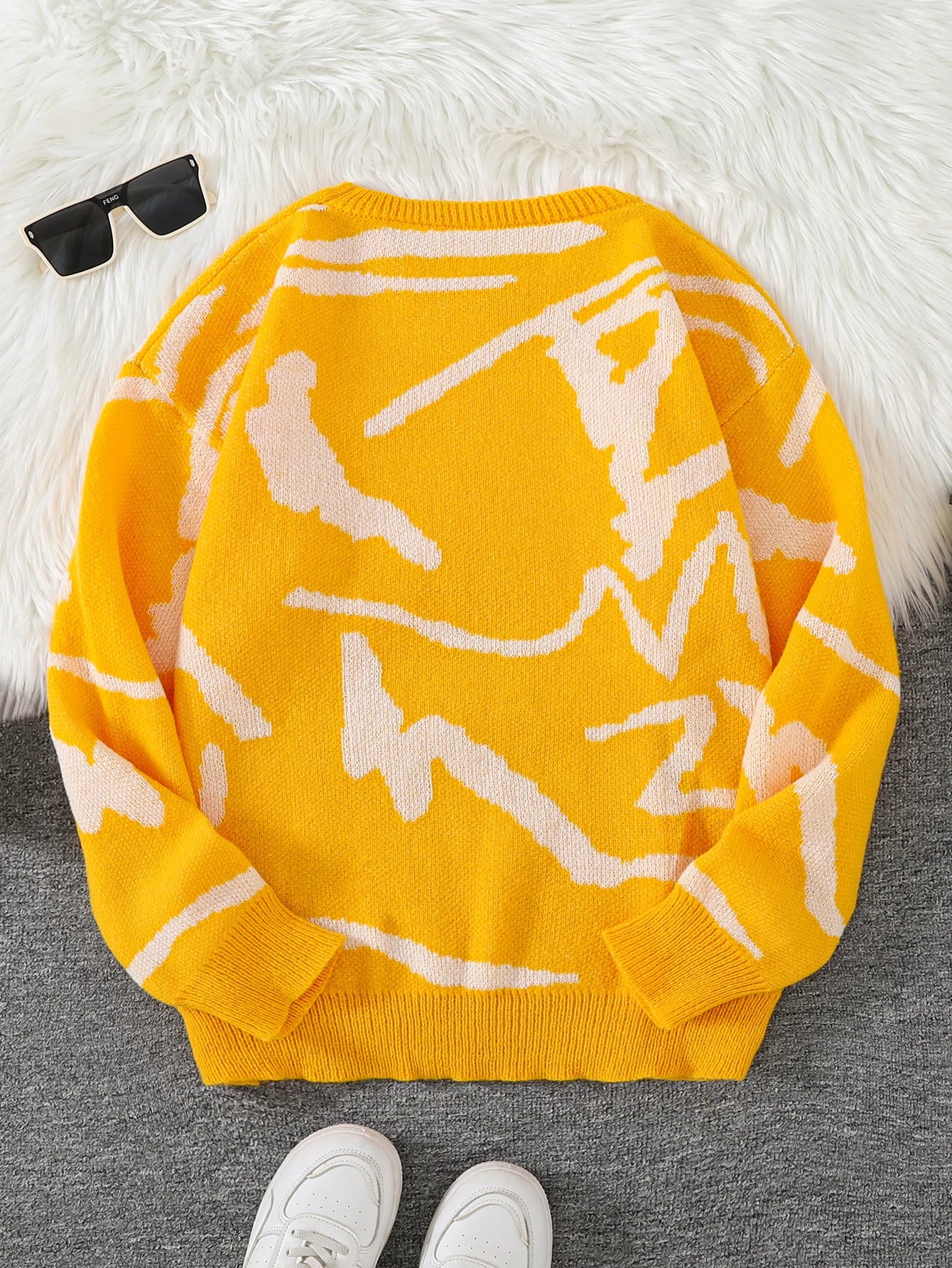 Spring Autumn Graffiti Jacquard Pattern Pullover Sweater Casual Round Neck Contrast Color Knitted Pullover